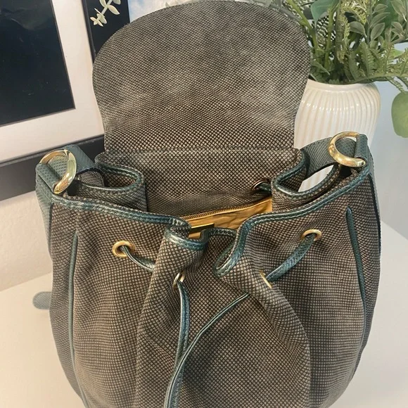 Rare Bottega Veneta Green Suede & Leather Drawstring Bag - Picture 6 of 14